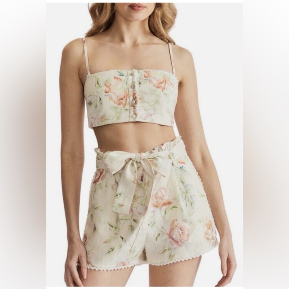CAROLINE CONSTAS Linen Crop Top & Short Rose Print Set SZ XXS. L#35
